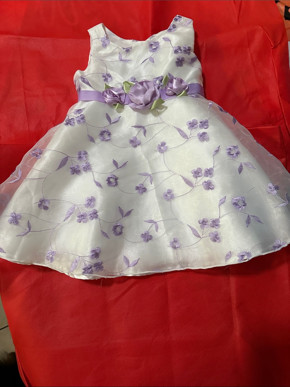 Youngland White Dress with Lilac Floral Embroidery and Rose Belt